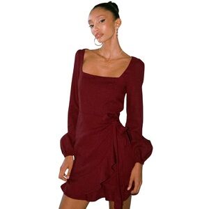 Princess Polly Burgundy Red Long Sleeve Wrap Mini Dress Square Neckline Linen